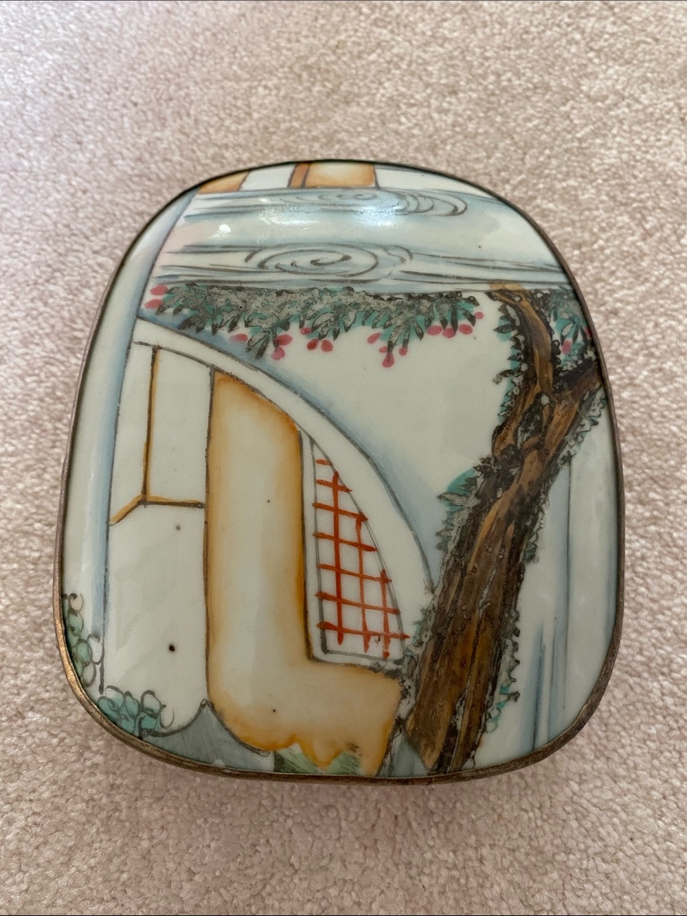 Vintage Chinese Hand Painted Porcelain Shard Top Silver Tone Box